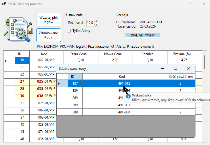 Podgląd programu EKONOM Log Analizer