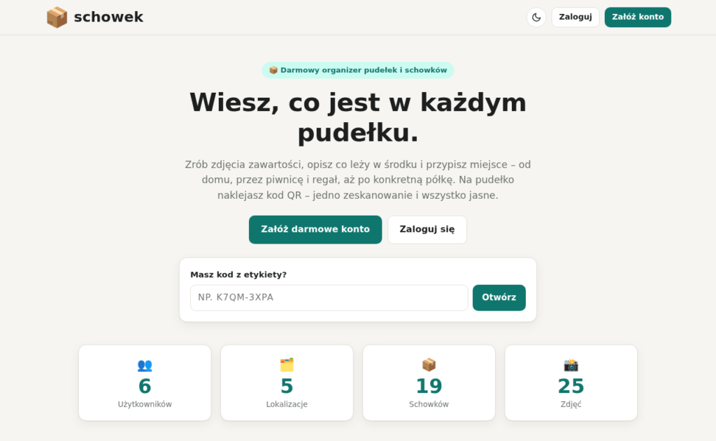 Strona główna schowek.eu.org – konto zakładasz w minutę, a kod z etykiety możesz wpisać nawet bez logowania.